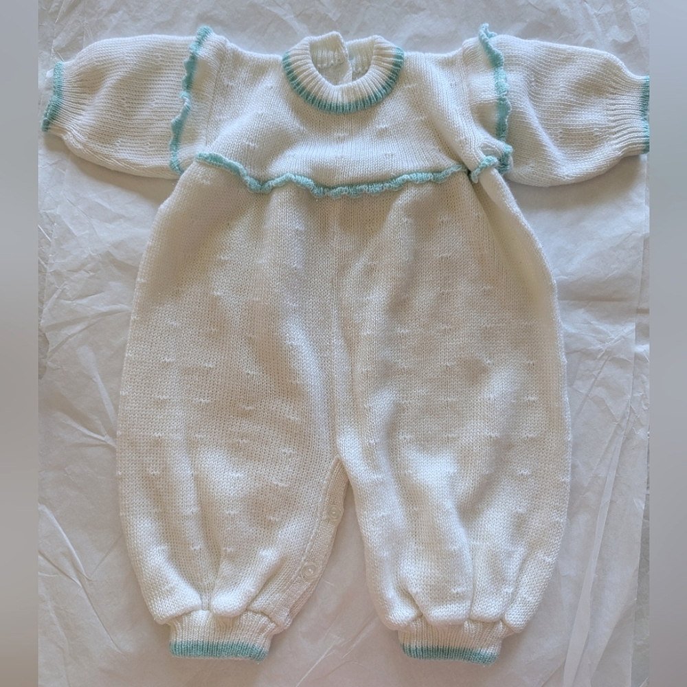 Vintage White Knit Green Ruffle Trim Long Sleeve Baby Romper OnePiece 3-6 Months